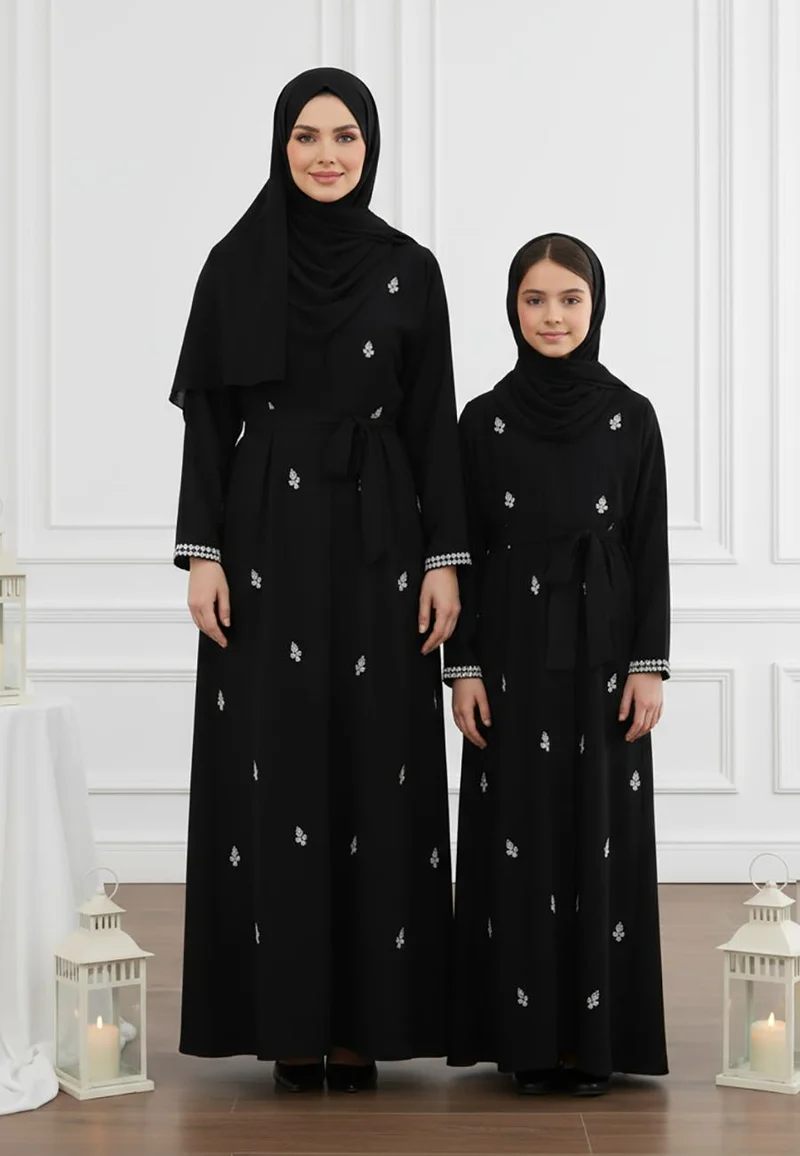 النخبة Luxurious Mother & Daughter 2-Piece Abaya Set | Intricate Beads Work & Matching Inner Dress-2P822MD (Dresses are sold individually. To create a matching mom and daughter set, please purchase two items in different sizes)